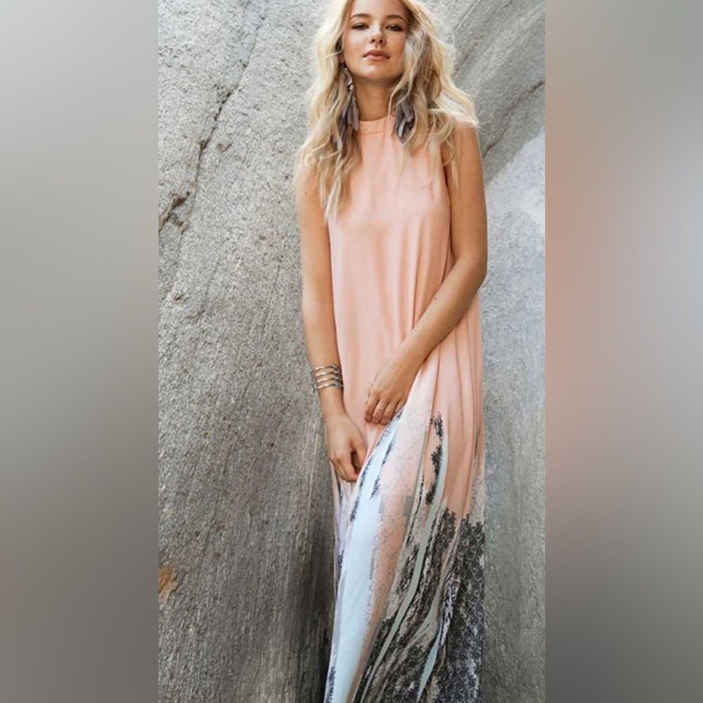 Pastel peach and mint green mock neck border print maxi dress size small